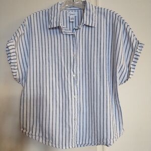 Japna Women's Casual Short Sleeve Button Down Striped Shirt - Size Large